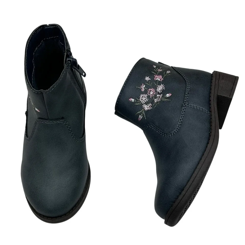 OshKosh BGosh Toddler Girls Ankle Boot Size 8 Navy Blue Flower‎ Accent Side Zip